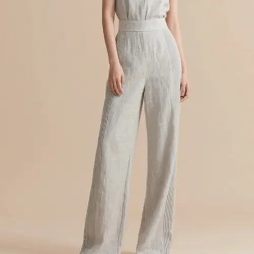 亞麻高腰休閒直筒設計感長褲