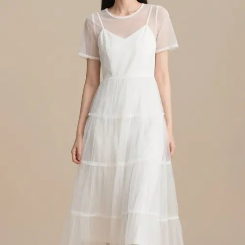 韓版圓領顯瘦百搭網紗連衣裙