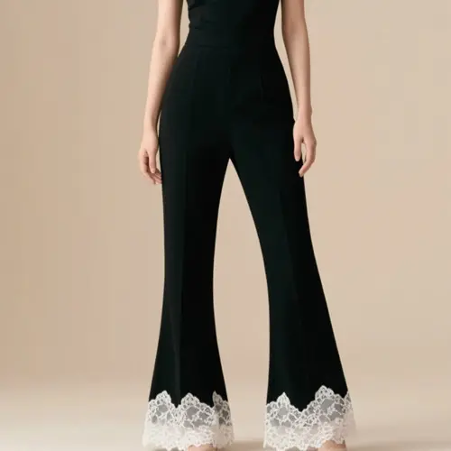 純色褲腳花邊微喇叭長褲