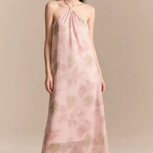 慵懒別緻時尚印花挂脖連衣裙