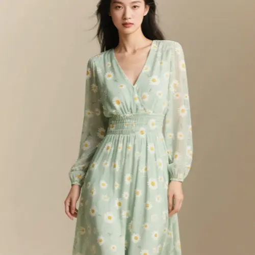 碎花雪紡氣質中長連衣裙